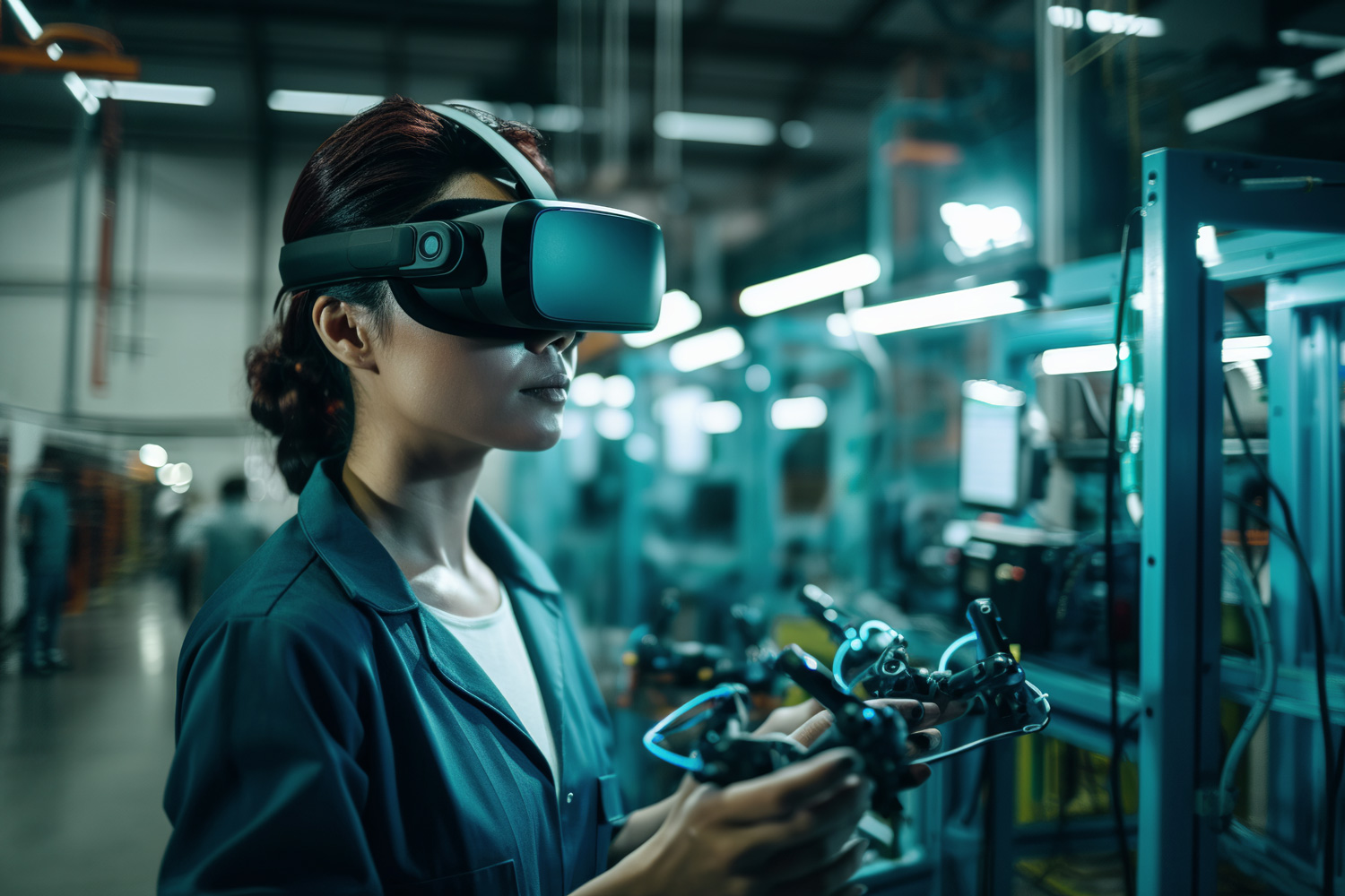 A technician in VR googles operating a device.