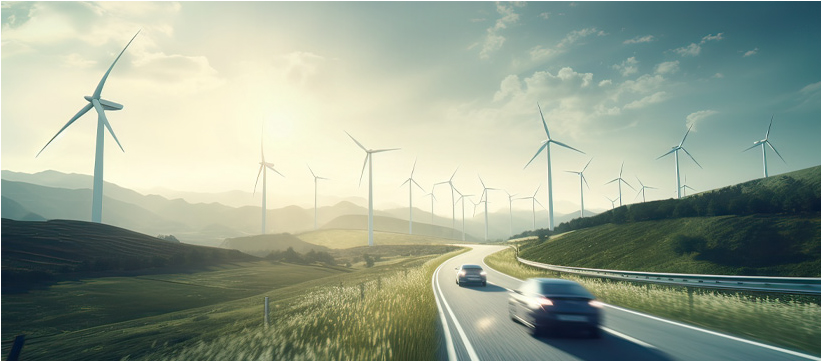 Car driving into the distance with field of wind towers in the backdrop 