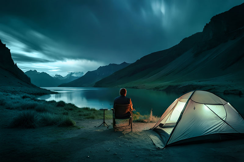 Man sitting by his tent in the evening in front of a lake between mountains.