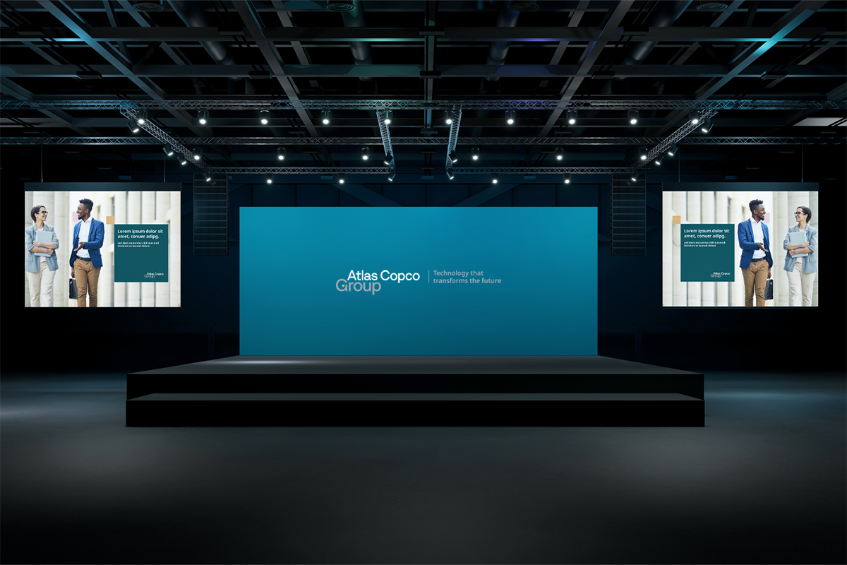 Atlas Copco Group teal logotype for large screens, with images on side screens 