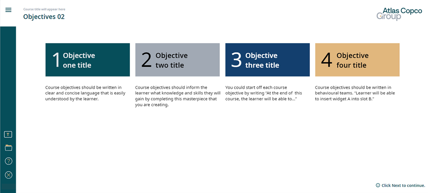 Objectives layout with the four numbered boxes with text within and below
